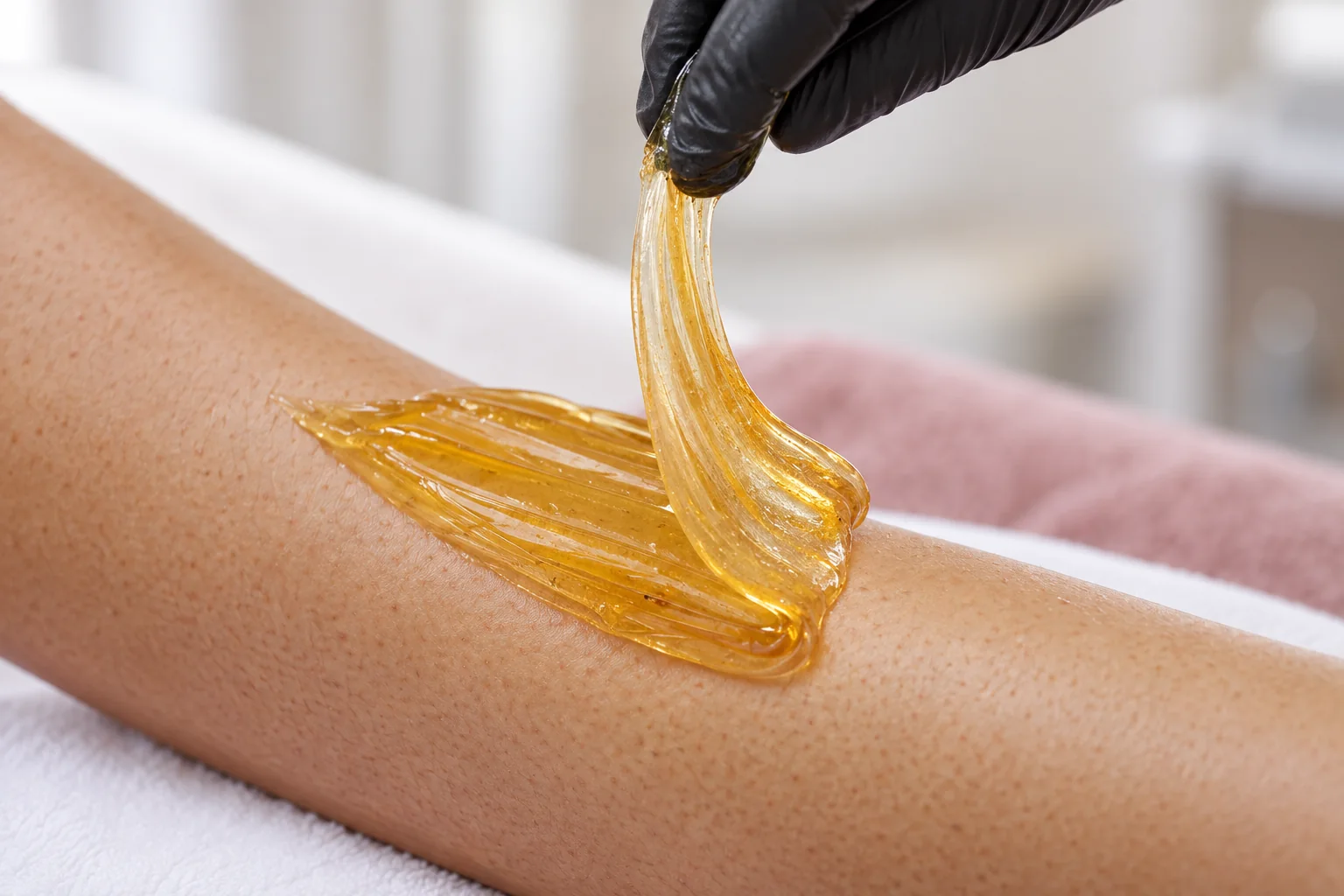 Professionele sugar wax behandeling met natuurlijke suikerpasta op het onderbeen